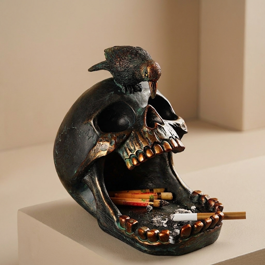 Decorative Tray Resin Skull and Raven Design Dark Weathered Finish