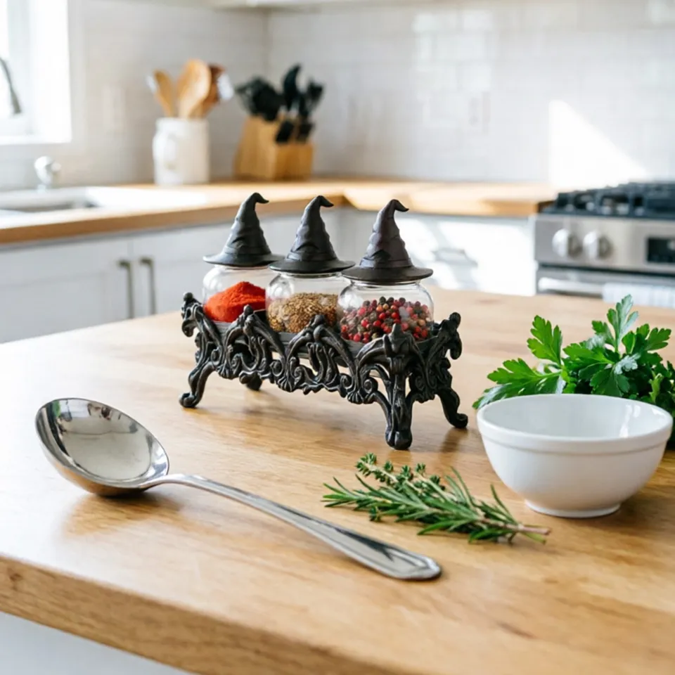 Spice Jar Set with Witch Hat Lids and Decorative Countertop Rack