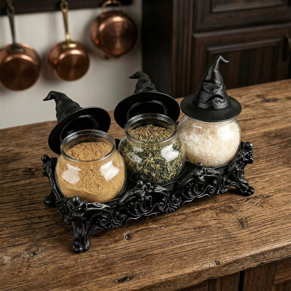 Spice Jar Set with Witch Hat Lids and Decorative Countertop Rack