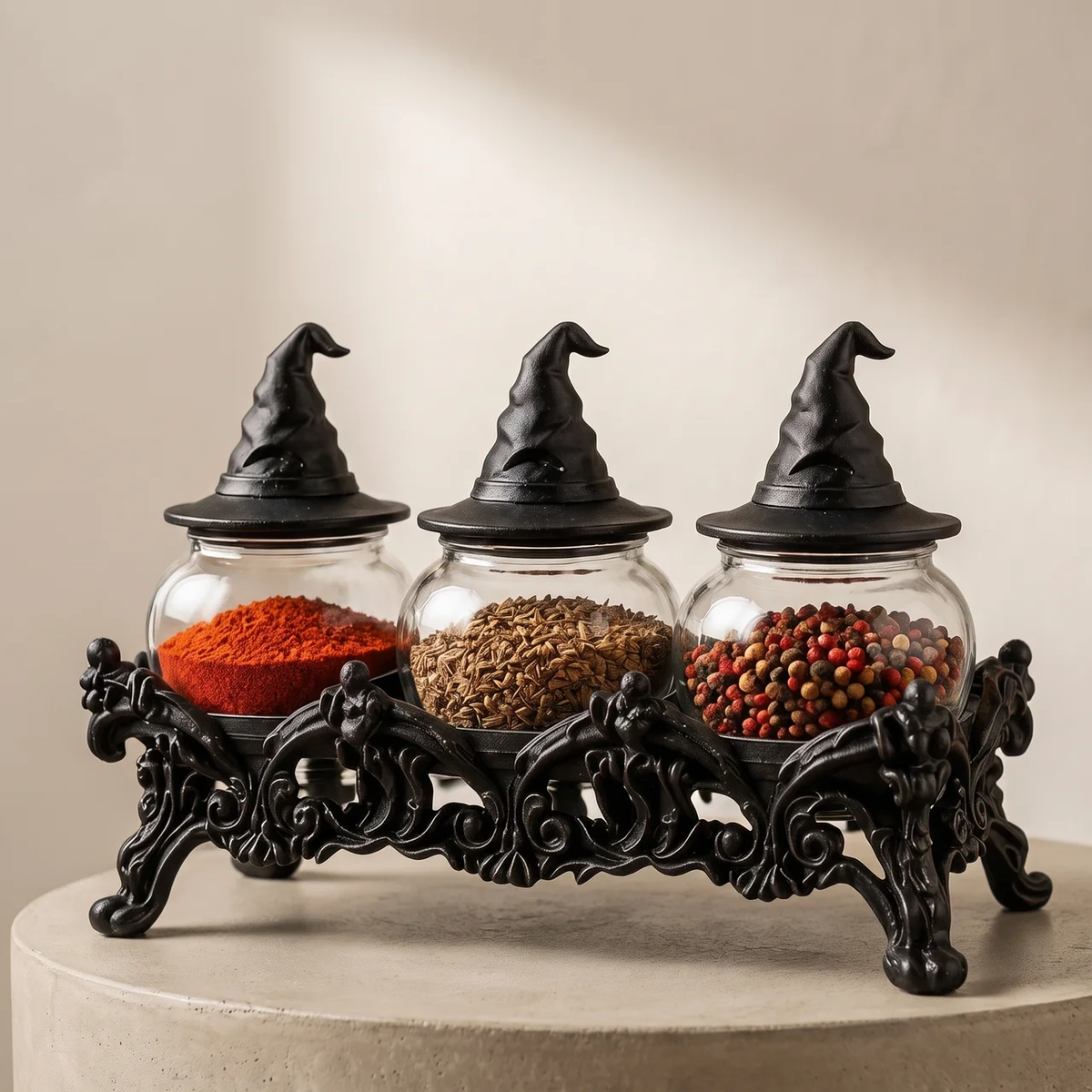Spice Jar Set with Witch Hat Lids and Decorative Countertop Rack