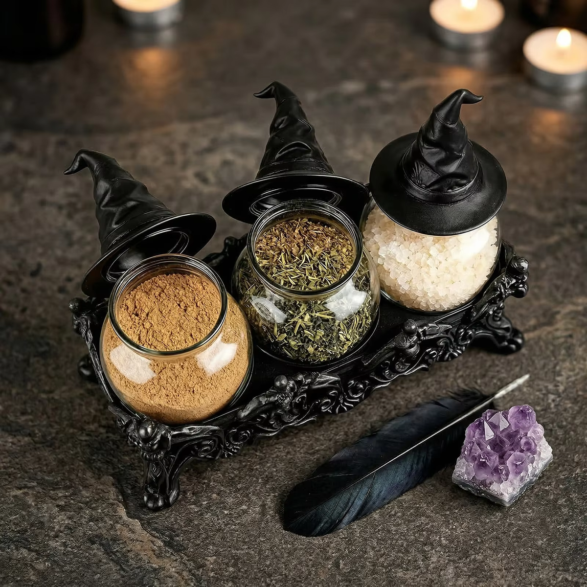Spice Jar Set with Witch Hat Lids and Decorative Countertop Rack