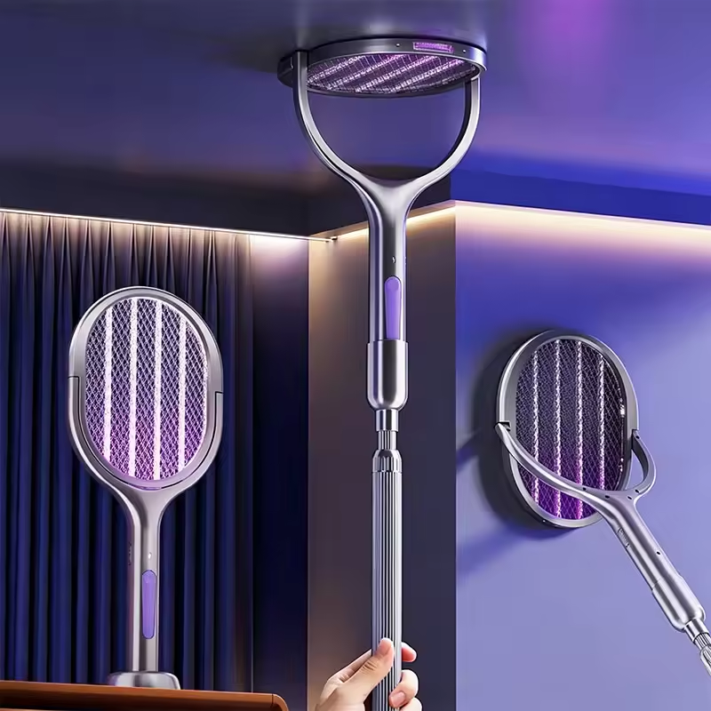 Electric Mosquito Swatter Extendable with Camping Light and Rotating Head