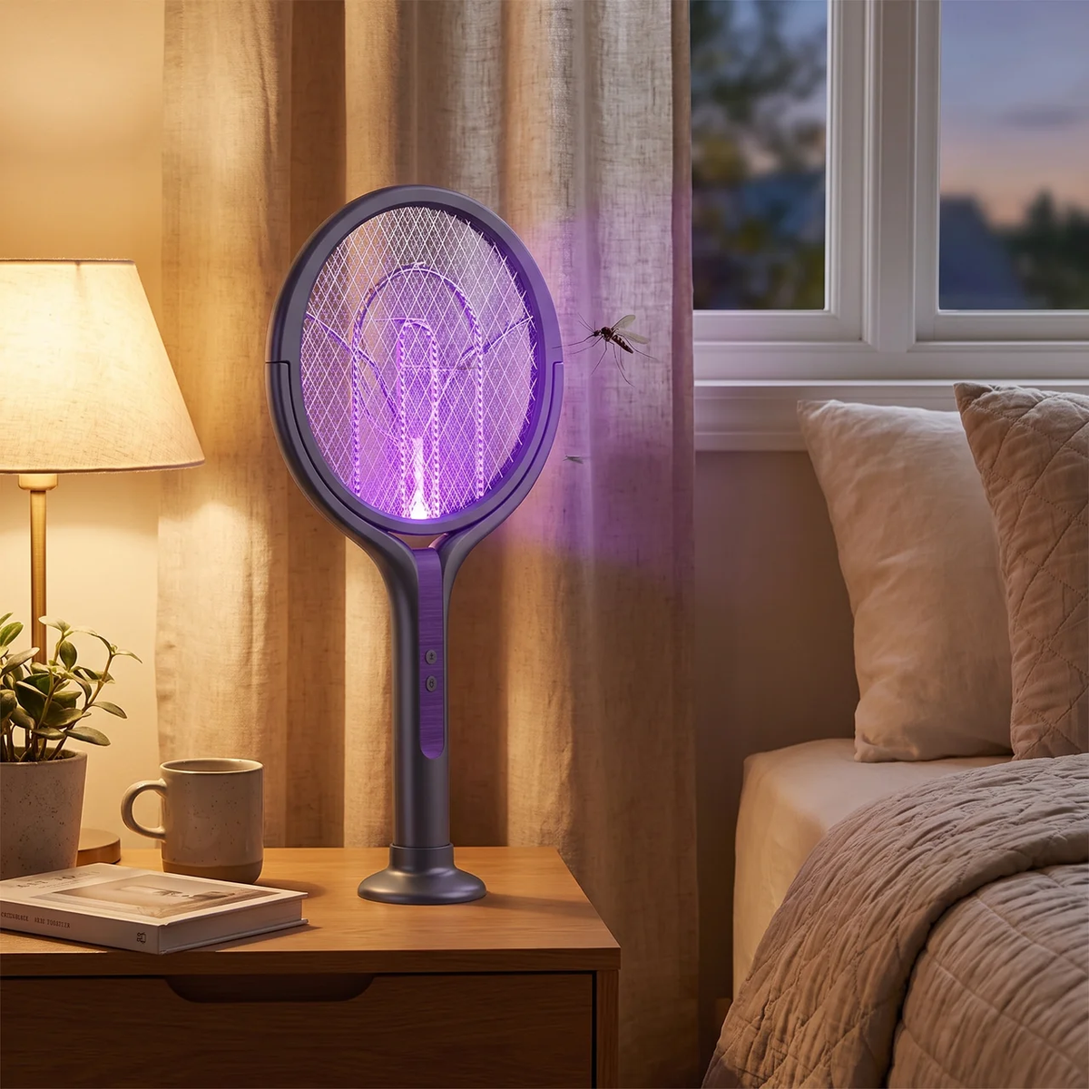 Electric Mosquito Swatter Extendable with Camping Light and Rotating Head