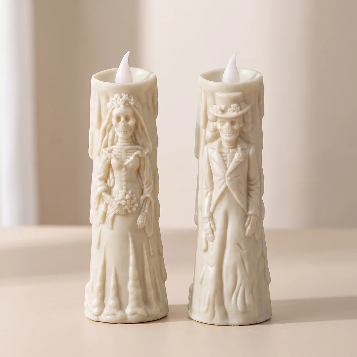 LED Candle Set Skull Bride and Groom Flameless White Light Halloween Wedding Decor