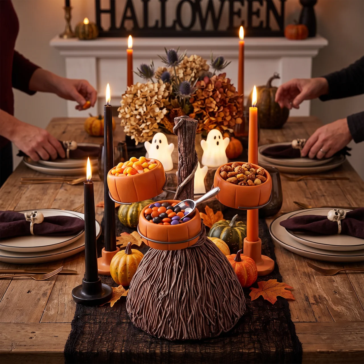 Halloween Serving Bowls Broomstick Design Seasonal Table Decor