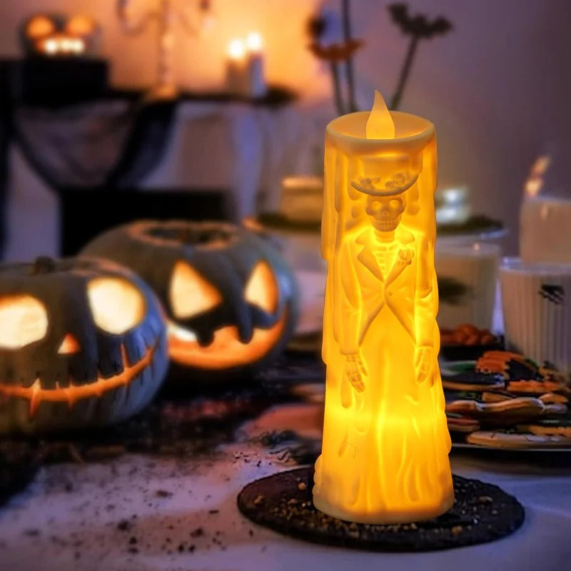 LED Candle Set Skull Bride and Groom Flameless White Light Halloween Wedding Decor